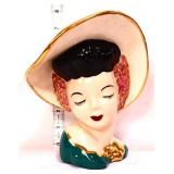 Vntg 8in lady head vase w/ roses on hat see pics