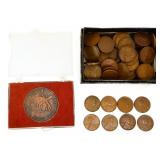 Lot of wheat pennies & medallion
