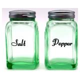 Pair green glass salt & pepper shakers