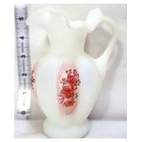 Fenton white satin 5in melon pitcher w/ roses