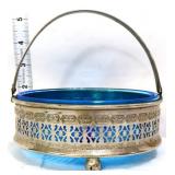 Vntg blue glass divided dish w/ metal frame