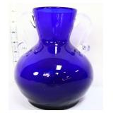 Cobalt 7in art glass vase w/ clear handles