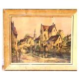 Framed vntg waterfront scene art
