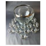 Large Glass Punch Bowl With 12 Glass Cups