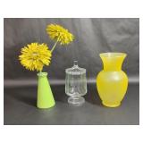 Yellow Vase, Green Vase and Clear Vase with Lid