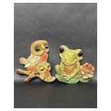 Wood Carved Frog on Lily, Owl Mother and Child