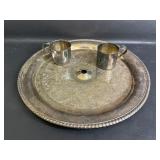 Two Silver Plate Small Baby Cups& Serving Tray