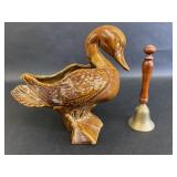 Brown Ceramic Duck Pot & Brass Bell Wooden Handle