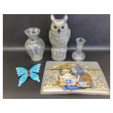 2 Vases,Silver Sparkly Owl,Blue Butterfly Decor