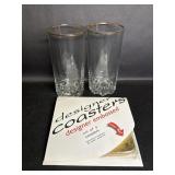 Gold Hue Rim Highball Glasses, Embossed Coasters