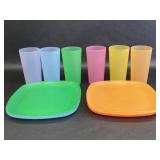 Six Set of Pastel Colored Plastic Plates and Cups