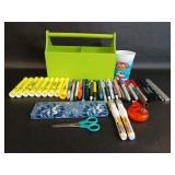 Green Wooden Box/Pens/Highlighters/Markers