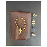 Wooden Cross Bracelet/Four Brass Pins/Leather Case