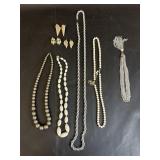 Costume Jewelry Faux Pearl, Silver Hue Necklace