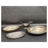 Silver Plated Metal Gravy Boat, Plate, Oval Dish