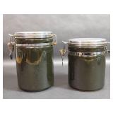 Two Ceramic Black Canisters, Metal Lids
