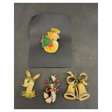 Vintage Christmas Brooches Bell Snowman Reindeer