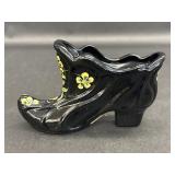 Fenton Black Glass Shoe Signed by Artist