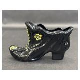 Fenton Black Glass Shoe Signed by Artist