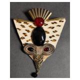 Handmade Triangular Brooch w Abstract Face Design