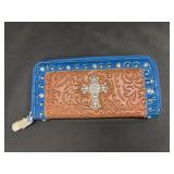 Faux Leather Brown Blue Rhinestone Cross Wallet