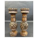 2 Vintage Carved Wood Grapevine Design Vases