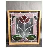 Floral Stained Glass Design in Wooden Frame