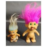 Two Vintage Troll Dolls, Purple and Blue Hair