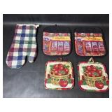 Five Kitchen Hot Pads and Glove