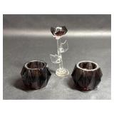 Two Purple Glass Candle Holders & Purple Rose