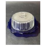 Vintage Cobalt Blue Glass Butter Dish Clear Cover