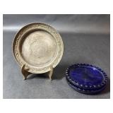 2 Cobalt Blue Glass Coasters in Metal Tray