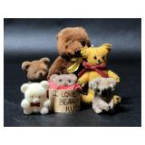 6 Vintage Teddy Bears Plush, Plastic, Fabric
