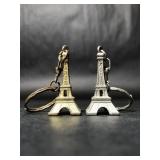 2 Eiffel Tower Keychains Silver Hue Gold Hue