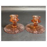 Pink Glass Etched Floral Design Candlestick Holder