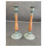 Two Vintage Metal and Wood Candleholder Sticks