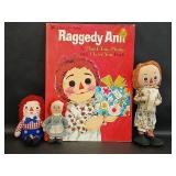 Set of 4 Vintage Raggedy Ann Dolls and Book