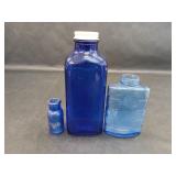 3 Vintage Cobalt Blue Glass Empty Medicine Bottles