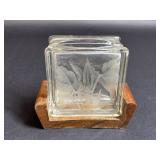 Vintage Etched Glass Bud Vase with Wooden Block