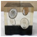 1867-1967 Canadian Coins in Lucite Cube Paperweigh