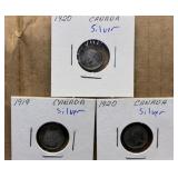 1919 & 1920 Canadian Silver 5 Cent Coins