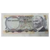 1970 Turkish 5 Lira Banknote