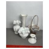 RUFFLED EDGE WHITE GLASS VASES, BASKET, VASE