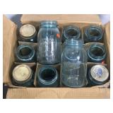 BOX OF VINTAGE BLUE GLASS BALL JARS