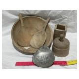 VINTAGE WOOD DISHES, SPOON, BUTTER MOLD