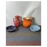 RED WING PITCHER, FIESTA BOWLS, RED VASE