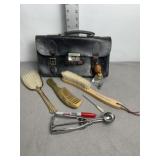VANITY BRUSHES, COMP, LEATHER BAG, PERFUME BOTTLE