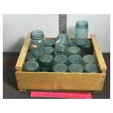 WOOD CRATE OF VINTAGE BLUE BALL JARS