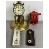 VINTAGE CLOTHSLINE REEL, SOUVENIR SPOONS, CLOCK