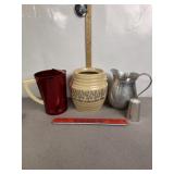 WEST BEND VINTAGE METAL PITCHER, SPONGWARE JAR